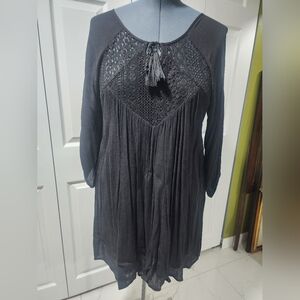 Purple Snow, black boho crochet dress, size L